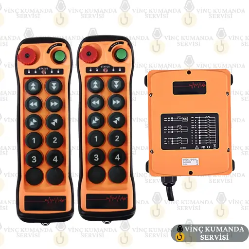 Endüstriyel tesislerde kullanılan, radyo frekansı ile çalışan sarı renkli kablosuz vinç uzaktan kumanda cihazı.