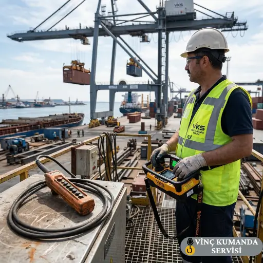 Liman sahasında eski tip kablolu kumandanın yanında yeni nesil kablosuz vinç uzaktan kumandası ile çalışan operatör. Vinç uzaktan kumandası yenileme işlemi.