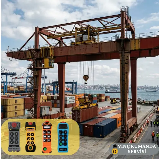 Portal vinç operasyonları için acil durdurma butonlu ve çok fonksiyonlu ergonomik butonlu uzaktan kumanda cihazı.