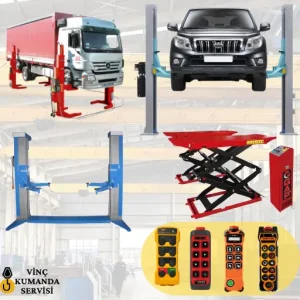 Tamirhane liftlerinde uzaktan kumanda ile araç kaldırma ve indirme işlemlerini kontrol eden sistem görseli.