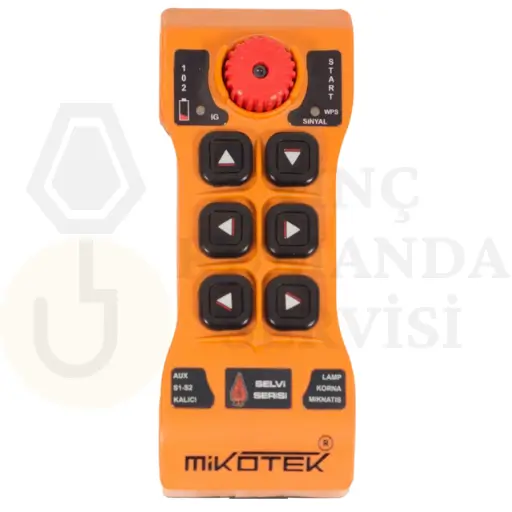 Mikotek Selvi 206 vinç kumandası, 6 hareketli ve çift hızlı yapısıyla hassas ve güvenli kontrol sağlar.
