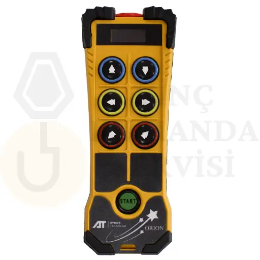 Aykos Orion P106 çift hızlı 6 butonlu vinç kumandası, güvenli ve hassas vinç kontrolü sunar.