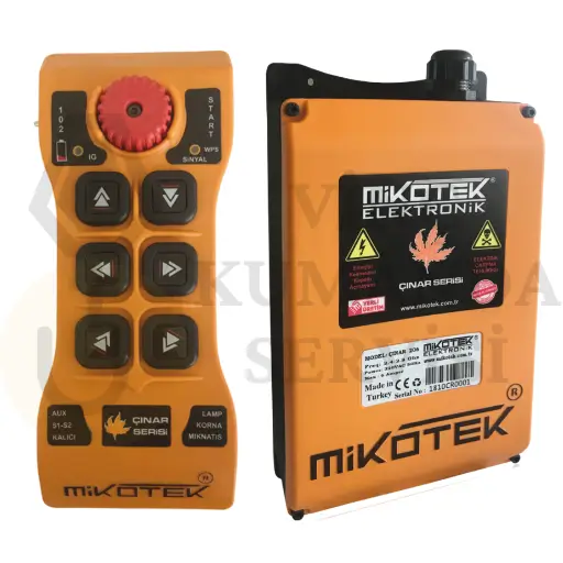 Mikotek Çınar 206 komple vinç kumanda seti; 6 butonlu çift hızlı el ünitesi ve alıcı panel birimi.