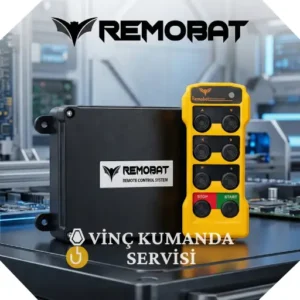 Endüstriyel vinçler için kullanılan Remobat marka uzaktan kumanda modelleri ve verici üniteleri.