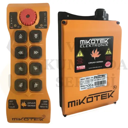 Mikotek Çınar 108 serisi 8 butonlu tek hızlı vinç uzaktan kumanda seti ve alıcısı.