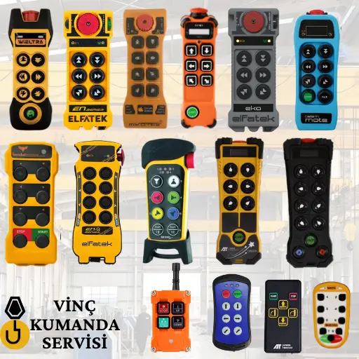 Elfatek, Wieltra, Henjel, Mikotek, Remobat, Tele Radio, Telemote, Aykos ve Telecrane marka vinç kumandaları ile lift kontrol ünitelerinin toplu görseli.