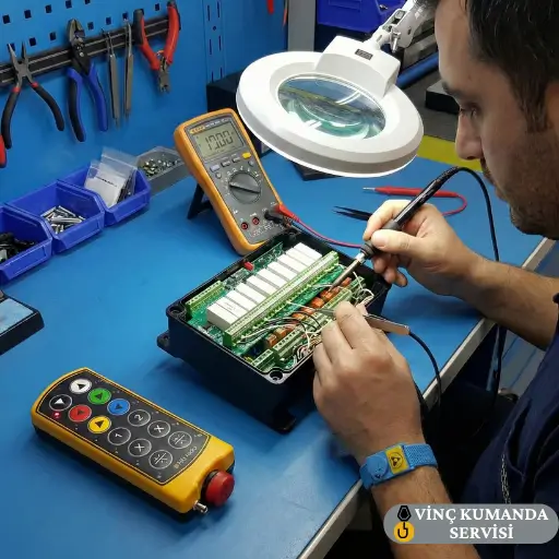 Atölyede arızalı endüstriyel vinç kumandasının anakart onarımını ve bakımını yapan uzman teknik servis personeli. Vinç Kumandası Tamiri yapan bir tekniker