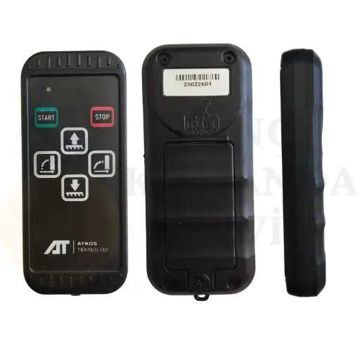 Aykos Jumbo Lift vinç el kumandası ünitesinin ön, arka ve yan açılardan çekilmiş 3'lü teknik fotoğrafı