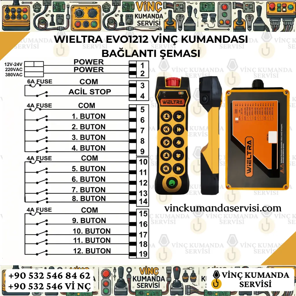 Wieltra EVO1212 12 butonlu tek hızlı vinç uzaktan kumandası bağlantı şeması ve teknik kurulum detayları